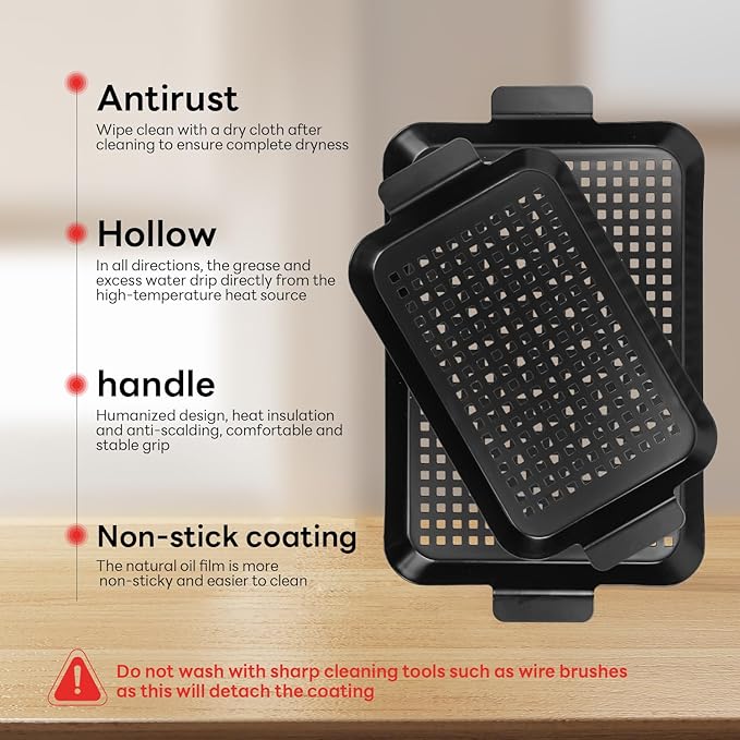 Grill Tray Set Of 2 Outdoor Grill Pans Tray Grill Pans with Hole Nonstick Barbecue Grilling Baskets for Outdoor Camping Vegetable Meat (grilling tray)