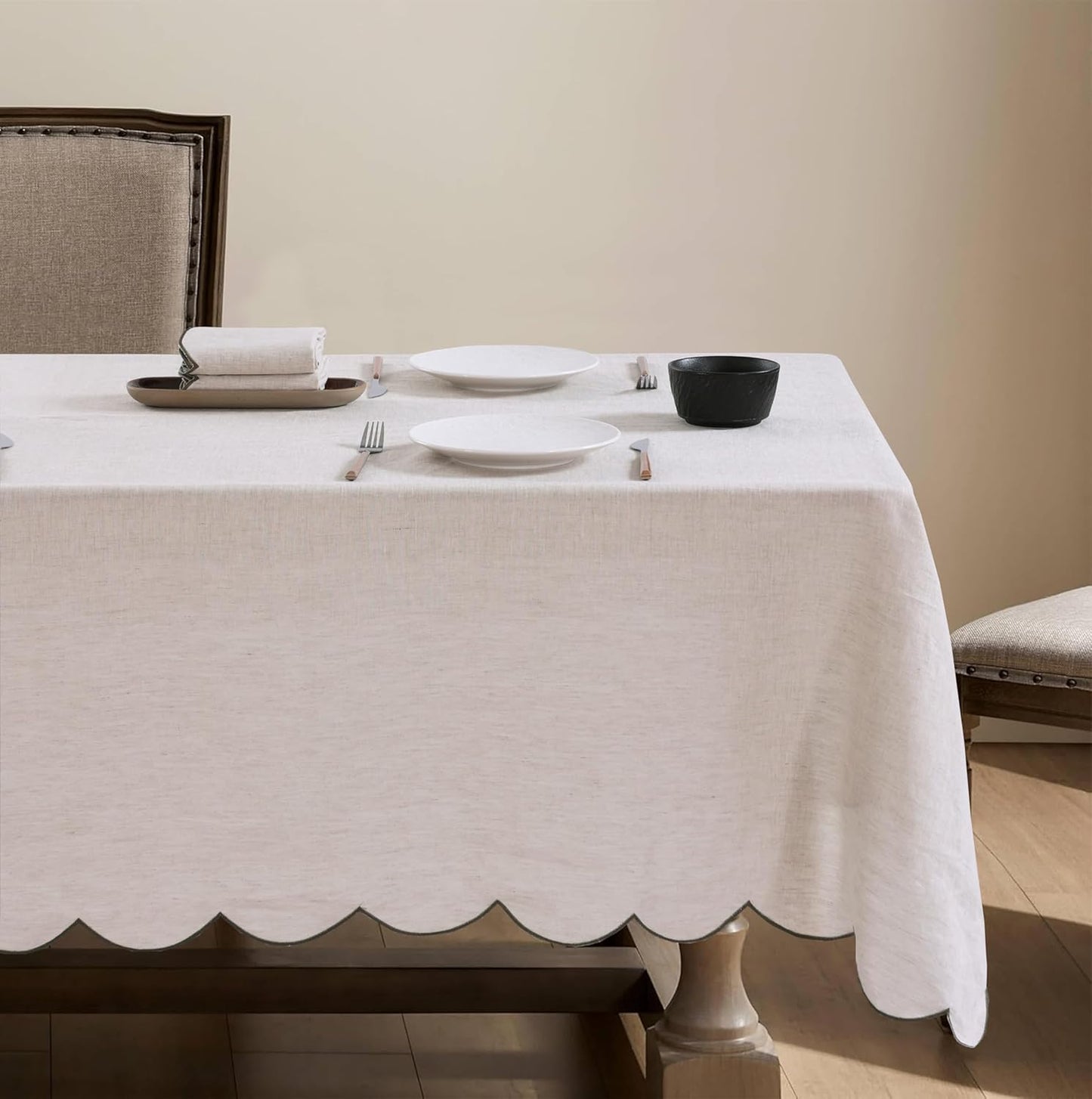 100% French Flax Linen Tablecloths Scalloped Embroidery Rectangle 120Lx60W Inch for Dinners, Parties, Spring, Machine Washable, 10-12 Sets, Linen(Edges-Green)