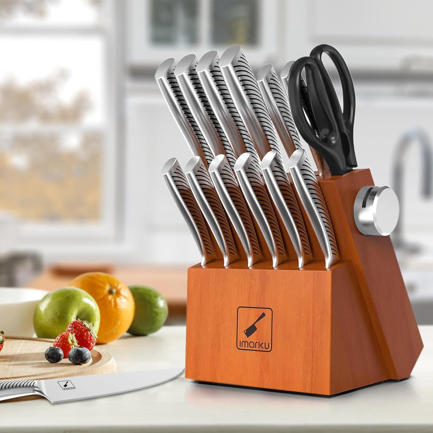 imarku Kitchen Knife Set with Block, 15PCS High Carbon Stainless Steel Knife Sets, One-piece Dishwasher Safe Kitchen Knives Set, Knife Set with Built-in Sharpener, Anti-slip handle, Brown