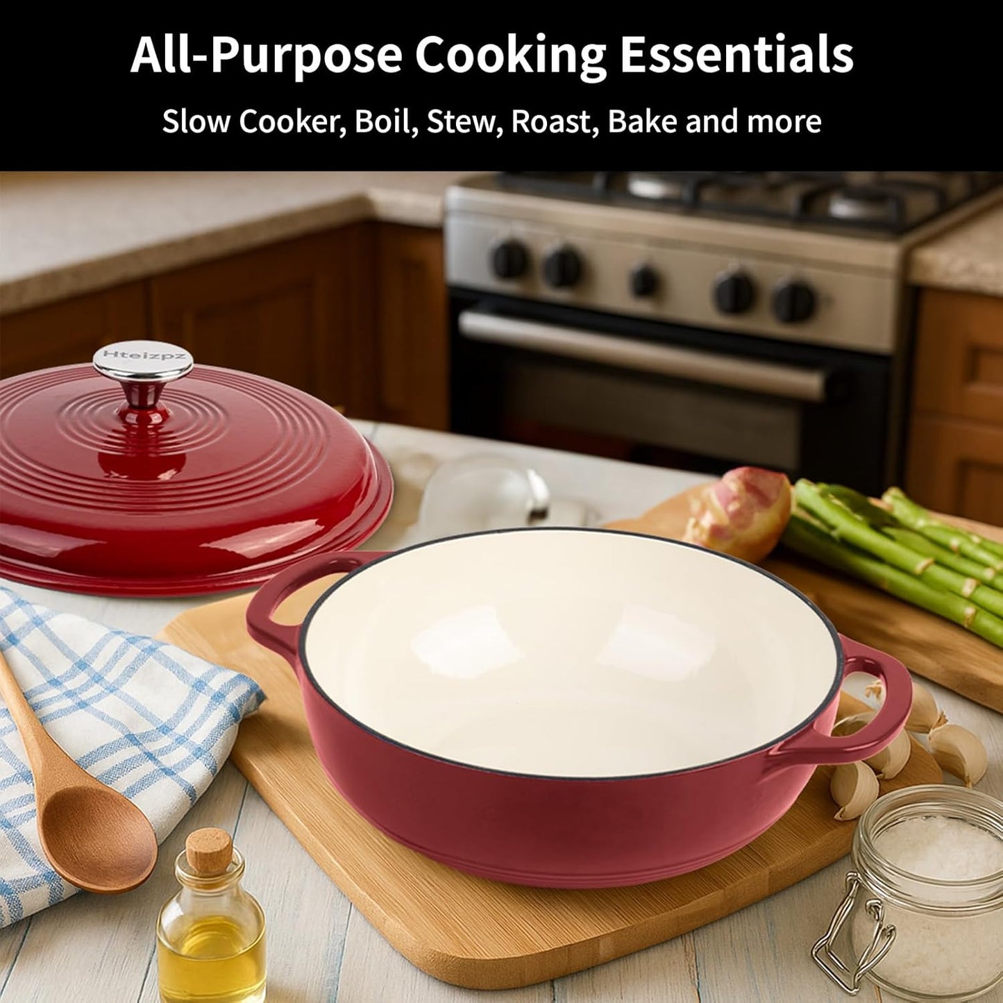 Enameled Cast Iron Dutch Oven Pot with Lid, 3 Quart Shallow Dutch Oven, Oven Safe up to 500° F, Suitable for Bread Baking, Braising, Roasting, Stews, Red