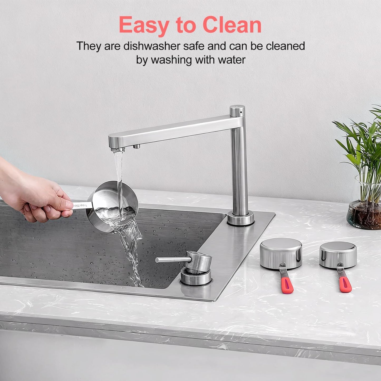 Measuring Cups and Spoons Set, Stainless Steel 10 Piece for Cooking and Baking (5 Cups + 5 Spoons, Red Handle)