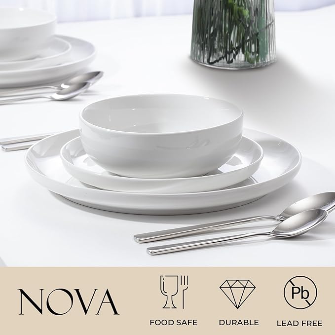 Zulay Kitchen Nova Porcelain Dinnerware Set, Service For 4 - Chip & Scratch Resistant White Plates And Bowls Sets - Microwave & Dishwasher Safe - White