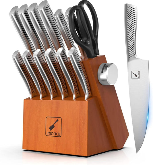 imarku Kitchen Knife Set with Block, 15PCS High Carbon Stainless Steel Knife Sets, One-piece Dishwasher Safe Kitchen Knives Set, Knife Set with Built-in Sharpener, Anti-slip handle, Brown