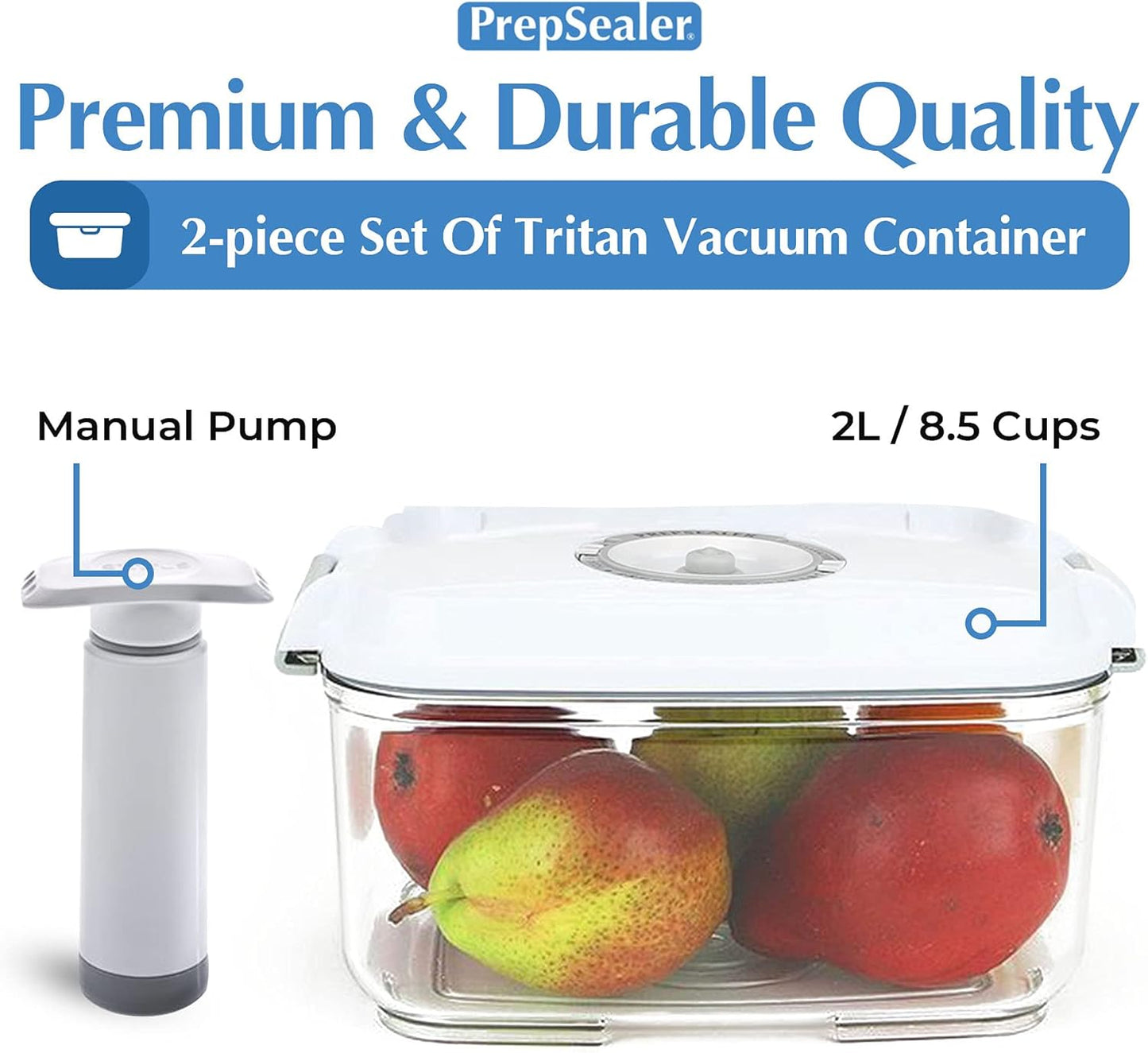 PrepSealer Food Saving Airtight BPA-free Tritan Vacuum Container (2L Rectangle + Pump + Tray) - Marinating, Fruit Keeper