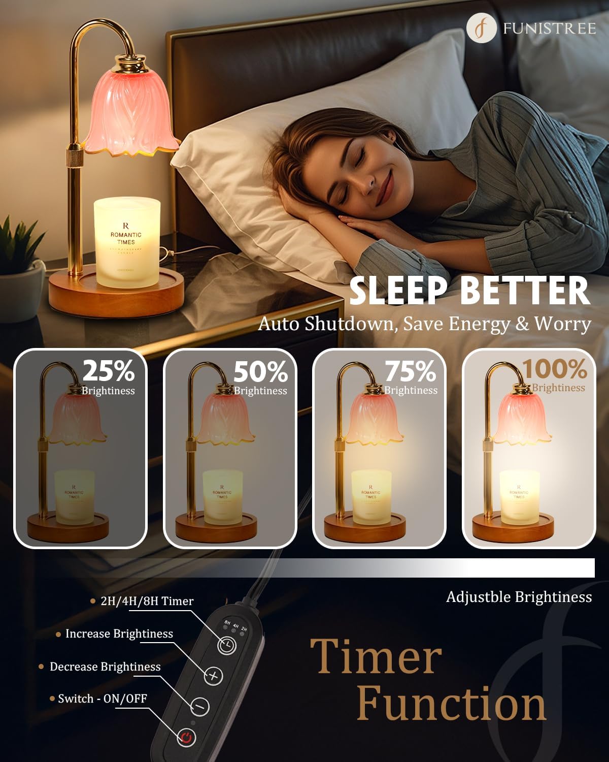 Candle Warmer Lamp, Gold Candle Lamp Warmer with Timer & Dimmer with 2 Bulbs, Birthday Gifts for Mom, Christmas Gifts for Women, New Home Bedroom Decor, Height Adjustable