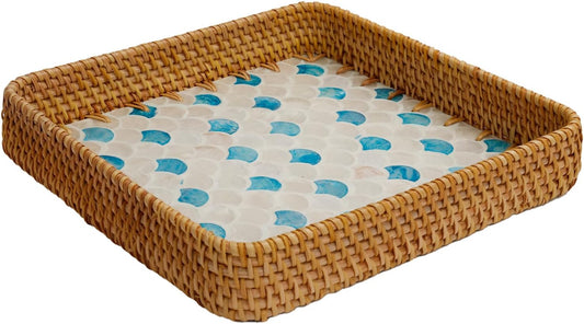 Rattan Tray with Mother of Pearl Inlay, Boho Coffee Table Decor, Decorative Serving Tray, Farmhouse Gift for Living Room & Bathroom
