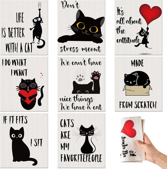 Funtery 8 Pcs Cat Swedish Kitchen Dishcloths Reusable Swedish Absorbent Sponge Cloths Washable Kitchen Dish Towel Quick Drying Decorative for Animal Lover Gifts for Women Hand Towel