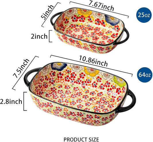 Retro pastoral style Ceramic Baking Dish Rectangular Bakeware Set Baking Pan, 2-piece Hand-painted Porcelain Baking pan with handle, Casserole Dish for Oven/Cooking/Kitchen (Romantic Flower)