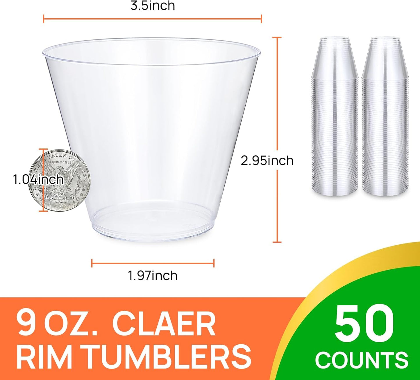 50Counts 9OZ. Clear Plastic Cups, Disposable Cups Classic 9 Ounce Squat Cups Party Tumblers Plastic Wine Glasses Disposable Party Wedding Events