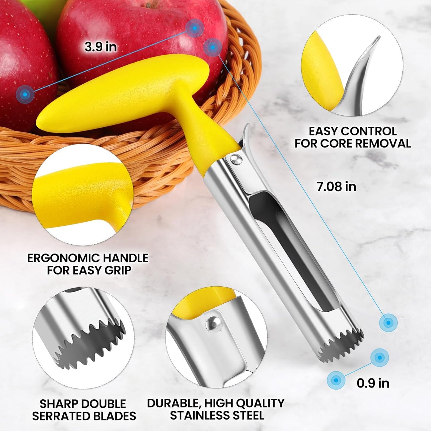 SCHVUBENR Premium Apple Corer Tool - Easy to Use and Clean - Sturdy Apple Core Remover with Sharp Serrature - Stainless Steel Corers for Apple and Pear - Core Fruits with Ease(Yellow)