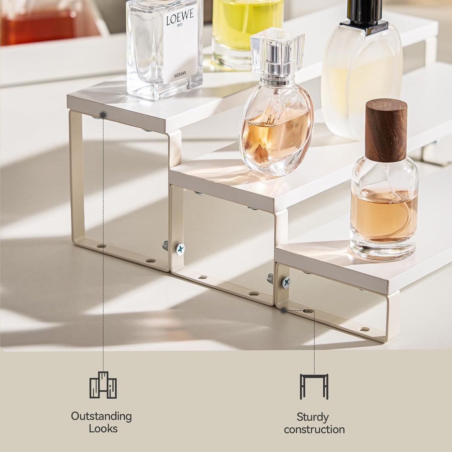 Spice Rack,Wooden Display Riser Stand, 3-Tier Perfume Stand and Cologne Organizer Stand, DIY Spice Rack Organizer, Display Shelf Metal Frame