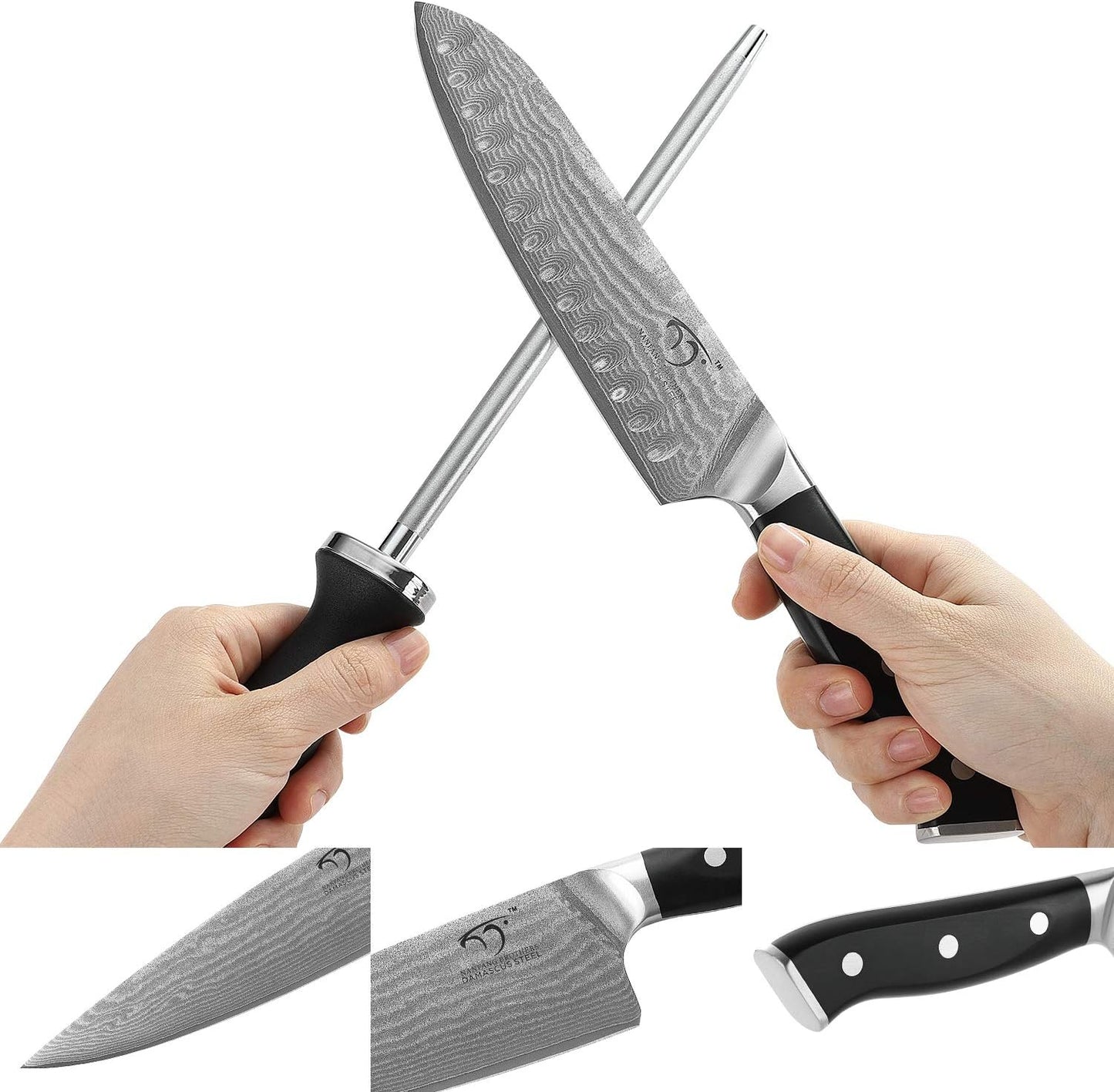 NANFANG BROTHERS Knife Sets for Kitchen with Block, Damasucs Kitchen Knife Sets 9 Pieces with Ergonomic Triple Rivet Handle, Kitchen Knives for Chopping, Slicing, Dicing & Cutting