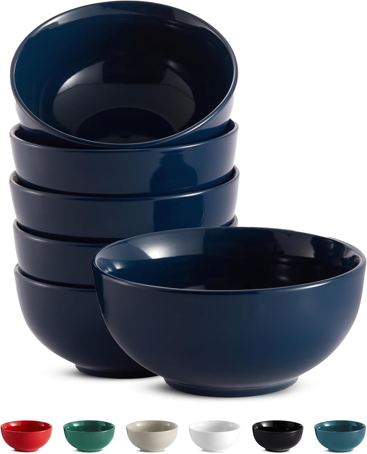 KooK Soup Bowls, Cereal Bowl, Ceramic, Bowls for Kitchen, Microwave, Dishwasher and Freezer Safe, Porcelain Dishes for Pasta, Salad, Oatmeal, Deep Interior, 20 oz, Set of 6, (Navy)