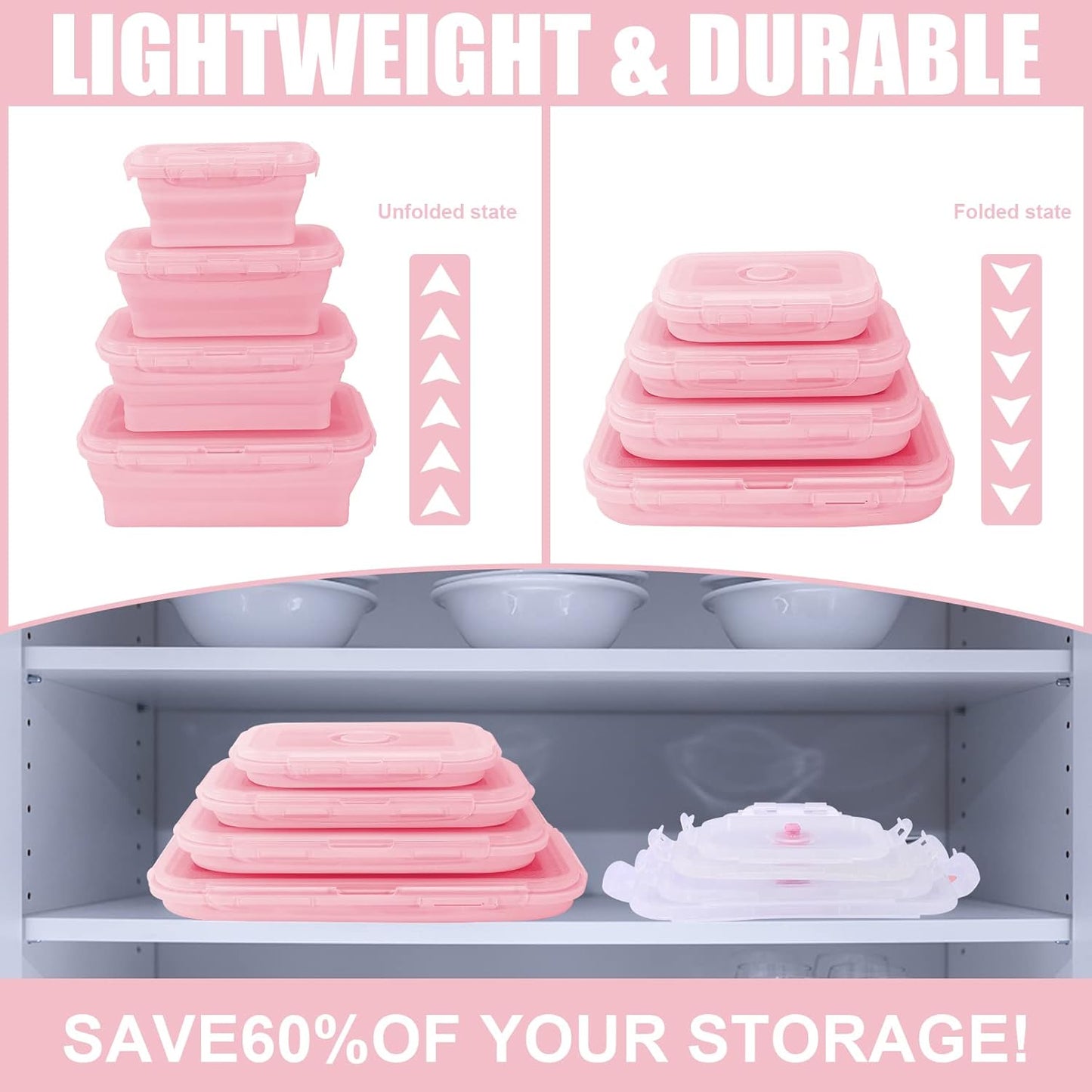 Collapsible Silicone Food Storage Containers with Lids,Set of 4 Silicone Lunch Box Containers,Foldable Meal Prep Container for Kitchen,Microwave & Dishwasher & Freezer Safe,BPA Free(Square Pink,4PCS)