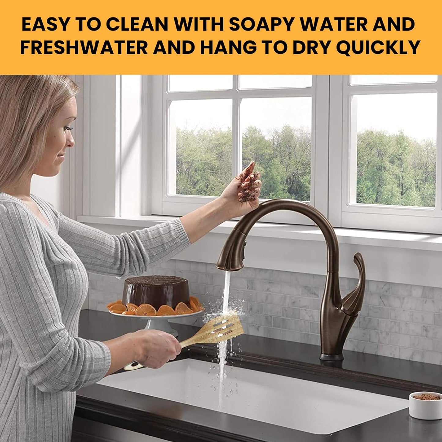 GEEKHOM Bamboo Spatulas for Nonstick Cookware, 13 Inch Wooden Kitchen Utensils, 4 Pack Wooden Spatula for Cooking, Slotted Wok Turners, Flipper for Pancake, Fish, Egg