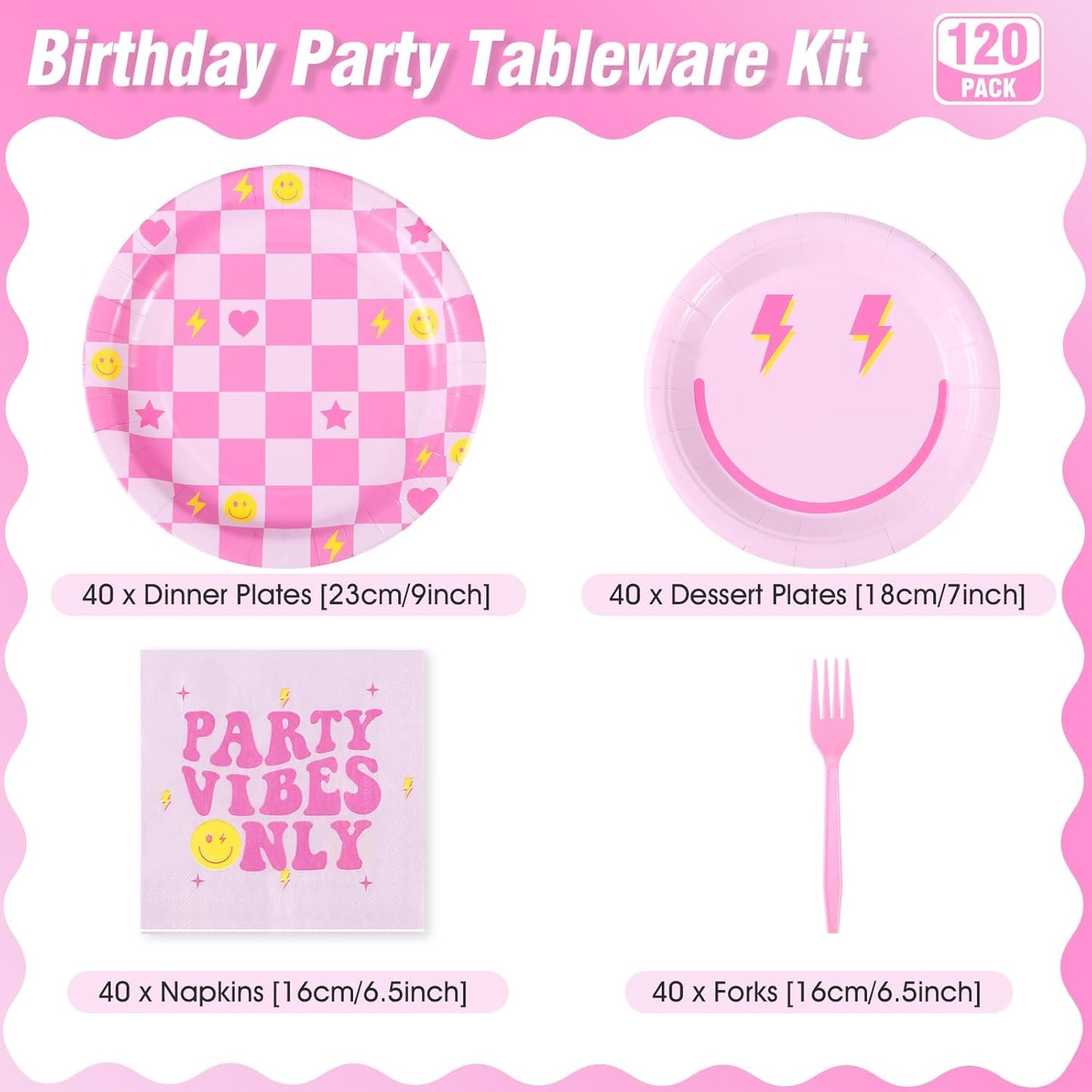 160Pcs Preppy Smile Face Party Tableware Set Pastel Paper Plates Napkins Preppy Smile Face Dinnerware for Birthday Party Baby Shower Decoration Serve 40 Guest