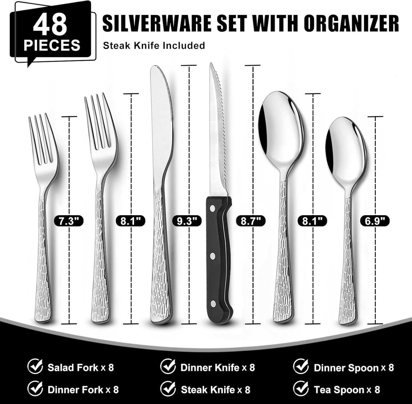 49-Piece Silverware Set with Organizer, Stainless Steel Tree Pattern Flatware for 8, Cutlery Utensil Sets with Steak Knives, Rust-proof, Mirror Polished, Dishwasher Safe