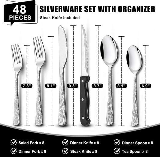 49-Piece Silverware Set with Organizer, Stainless Steel Tree Pattern Flatware for 8, Cutlery Utensil Sets with Steak Knives, Rust-proof, Mirror Polished, Dishwasher Safe
