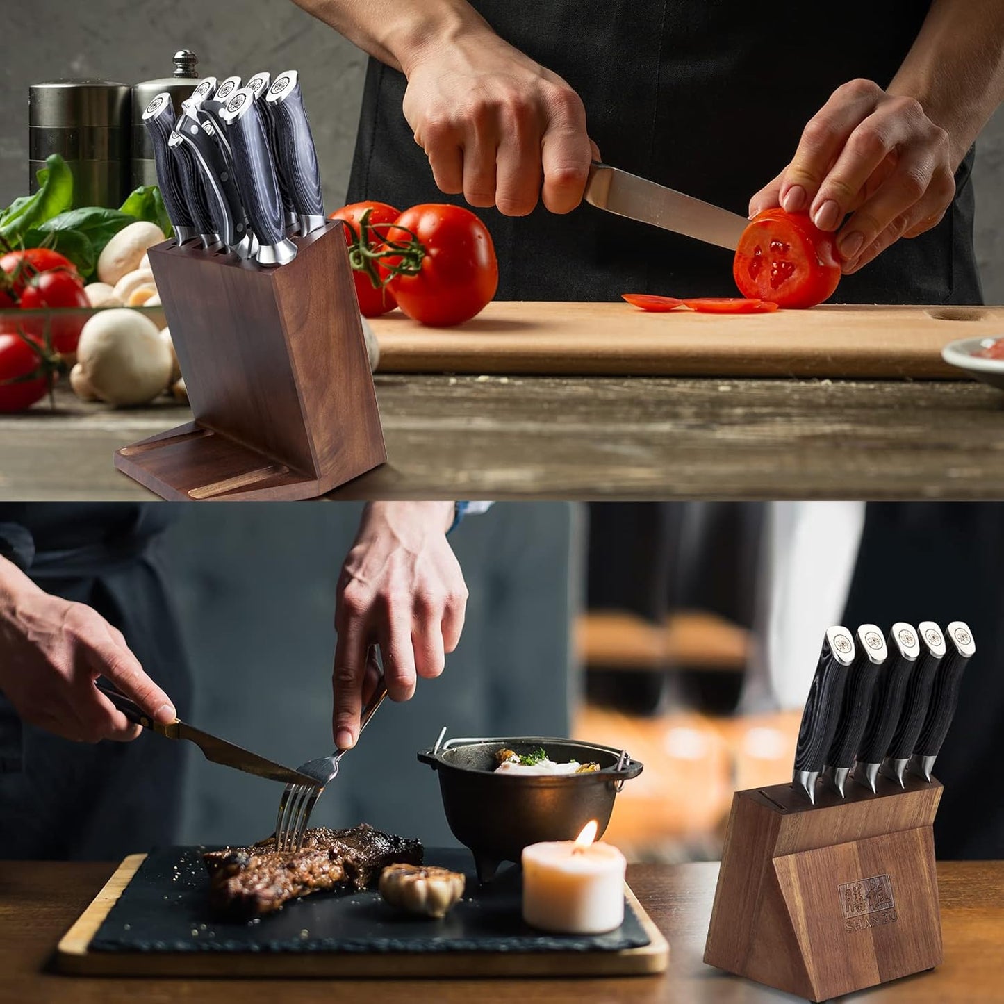 SHAN ZU Knife Sets for Kitchen with Block, Knife Block Set, Japanese Super Steel Kitchen Knife Sets with Removable Block & K133 Ergonomic Handle, Black Tortoise Genbu Series