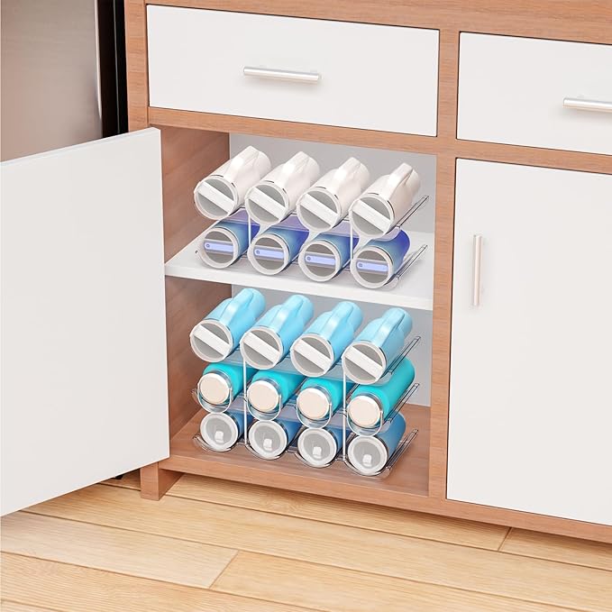 Yieach 3 Tier Stackable Water Bottle Organizer for Cabinet - Larger Compartment Water Bottle Holder for 40 oz Stanley Cup,Yeti and Other Tumbler Organizer,Waterbottle Storage and Wine Rack for Fridge