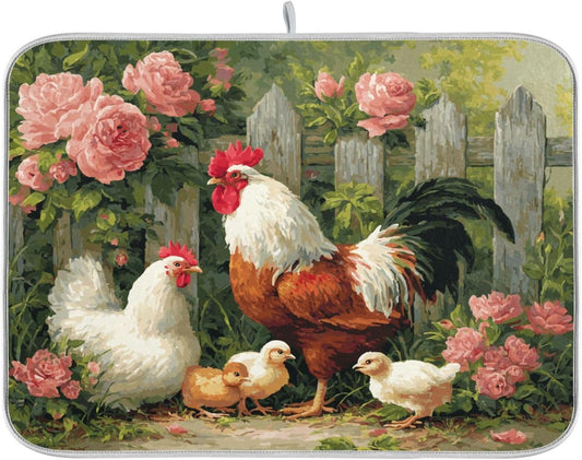 Farm Chickens Rooster Dish Drying Mat for Kitchen Counter Super Absorbent Dishes Pad Reversible Microfiber Protector Dish Draining Mats 18x24 inch