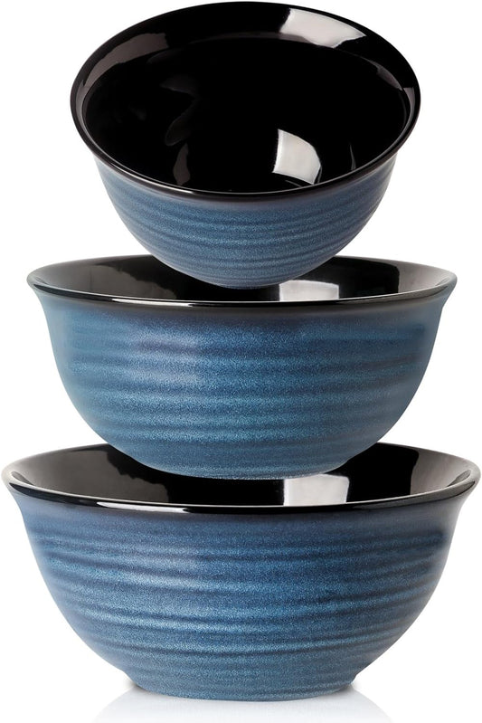 Hasense Mixing Bowls, Ceramic Serving Bowls Set for Cooking, Baking, Prepping, Large Nesting Bowls for Salads, Fruit, Popcorn, Christmas Gift, 2.1/1.5/1.0 Qt, Dishwasher & Microwave Safe, Blue