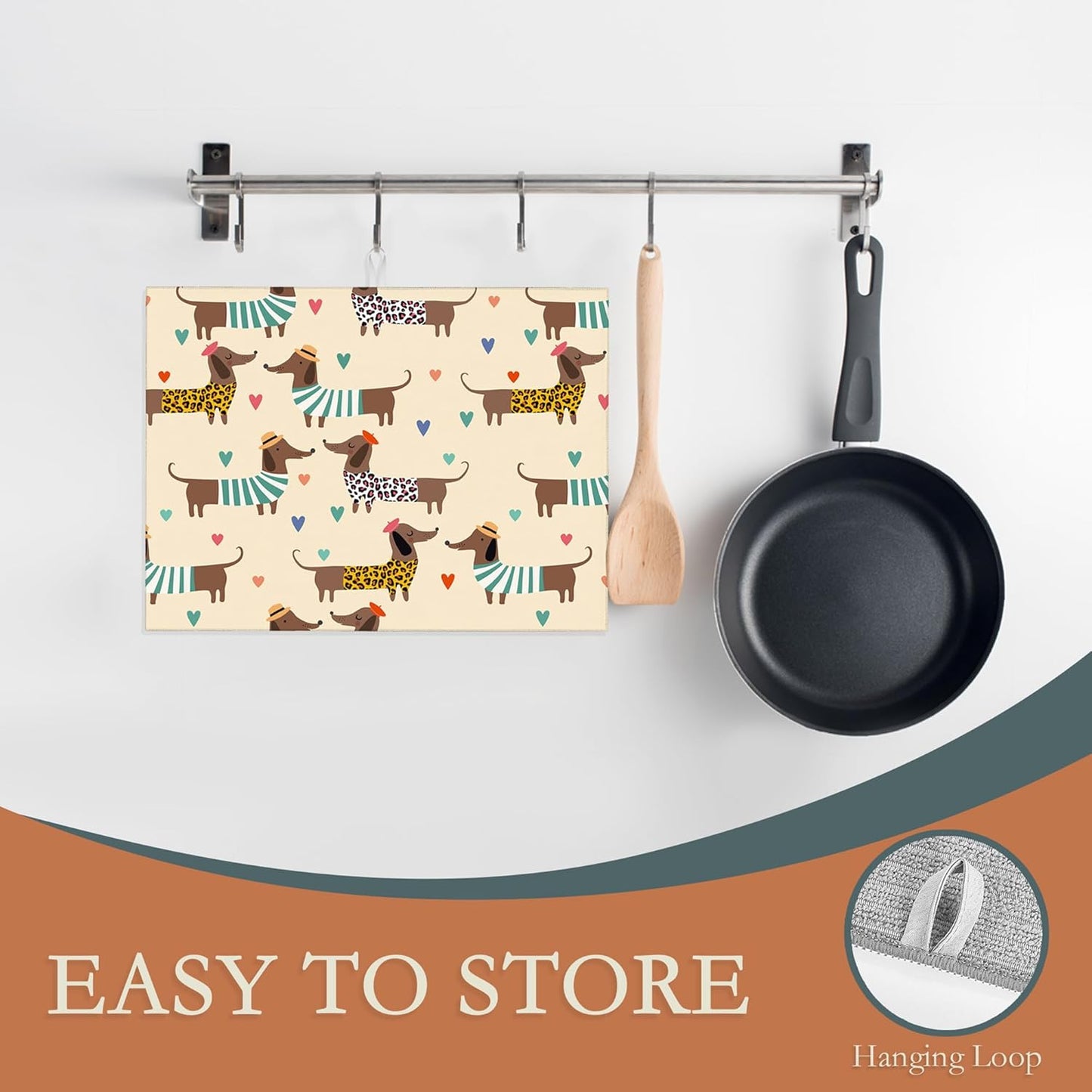 Dachshunds Dogs Dish Drying Mats 18x24 Inch,Leopard Print Hearts Dish Pad Drying Rack Mat for Kitchen Counter Ultra Absorbent Microfiber Dishware Coffee Maker Bar Countertop Decor