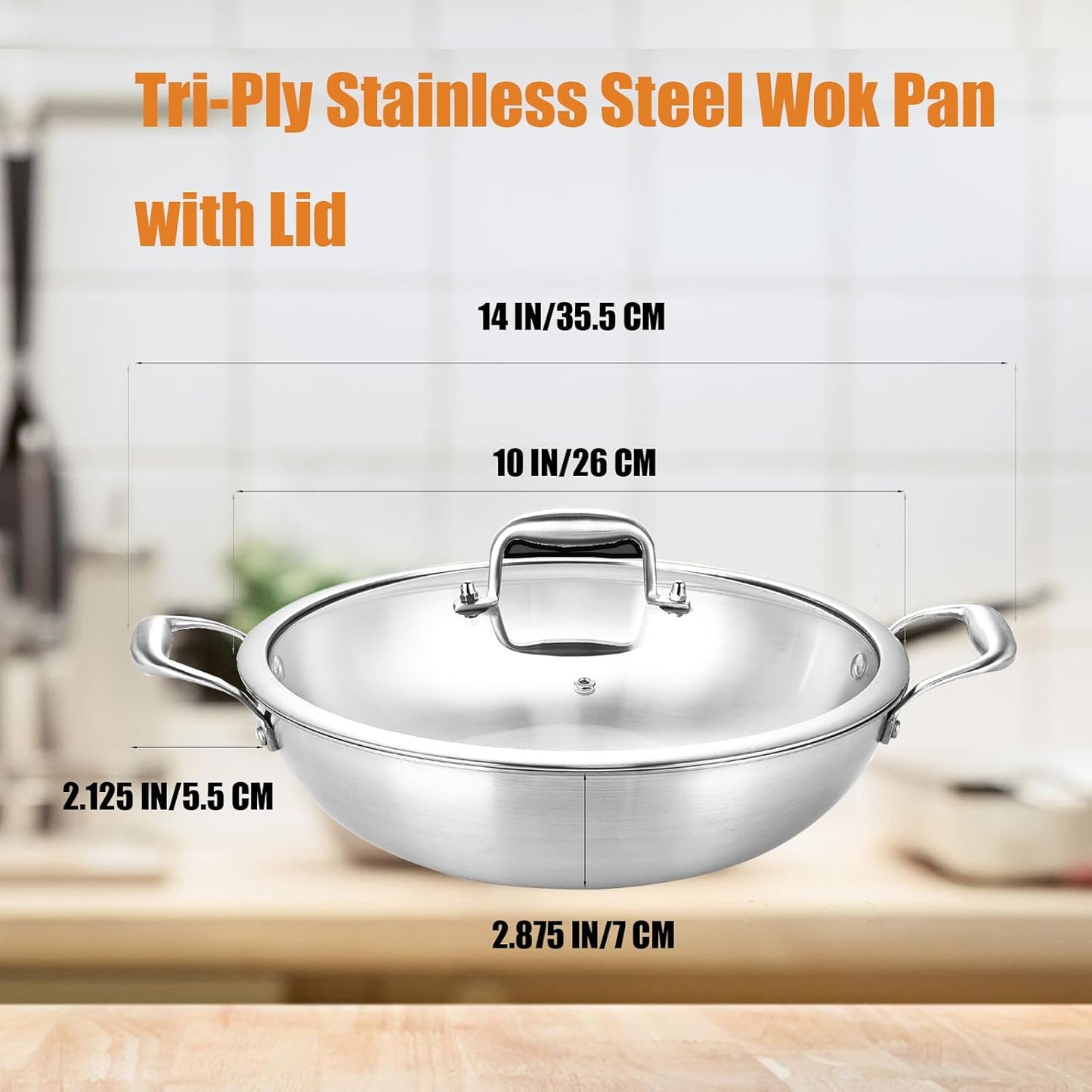 Inqibee 10-Inch Tri-Ply Stainless Steel Wok Pan with Lid,Small Stir Frying Pan,Jumbo Cooker,Induction Cooking Pan,Dishwasher and Oven Safe.
