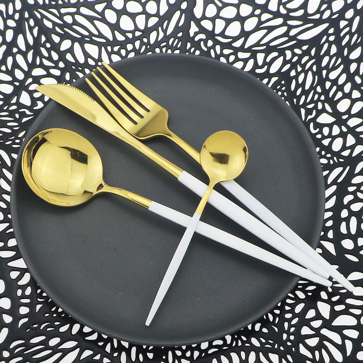 Shiny Silverware Sets, 24-Piece Elegant Cute White Handle Gold Cutlery set,304 Stainless Steel Silverware Set for Eating Home Kitchen Hotel Restaurant, Sets for 6 People, Dishwasher Safe