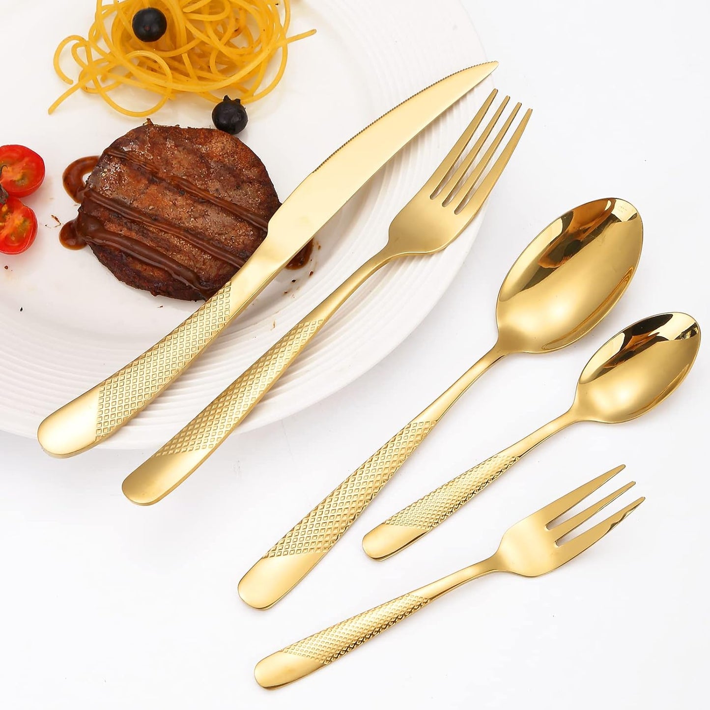 Hammered Silverware Set Gold Modern Stainless Steel Flatware for 4 Forks Knives and Spoons Party Dinning Utensils Elegant Creative Design Handle Festival Parties Everyday Use
