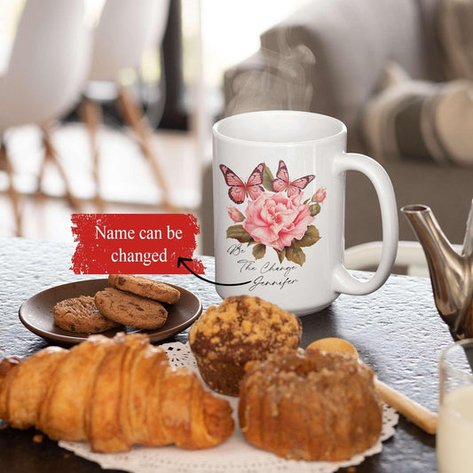 Great Custom Be The Change Tea Cups, Personalized Name On Porcelain Butterfly Travel Mug With Flowers Details, Customized Colorful Butterfly Coffee Cup For Animal Lover On Birthday