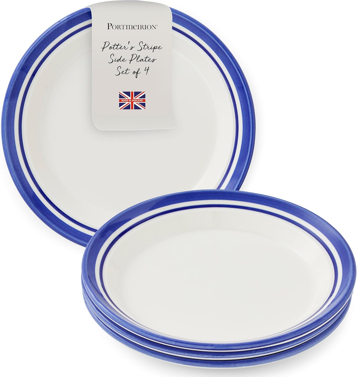 Portmeirion Potter's Stripe Salad Plate (Set of 4) - 8" Earthenware Plates with Classic Striped Rim - Microwave, Dishwasher, Freezer, Oven Safe - Ideal Modern Dinnerware Set (Blue Stripe)
