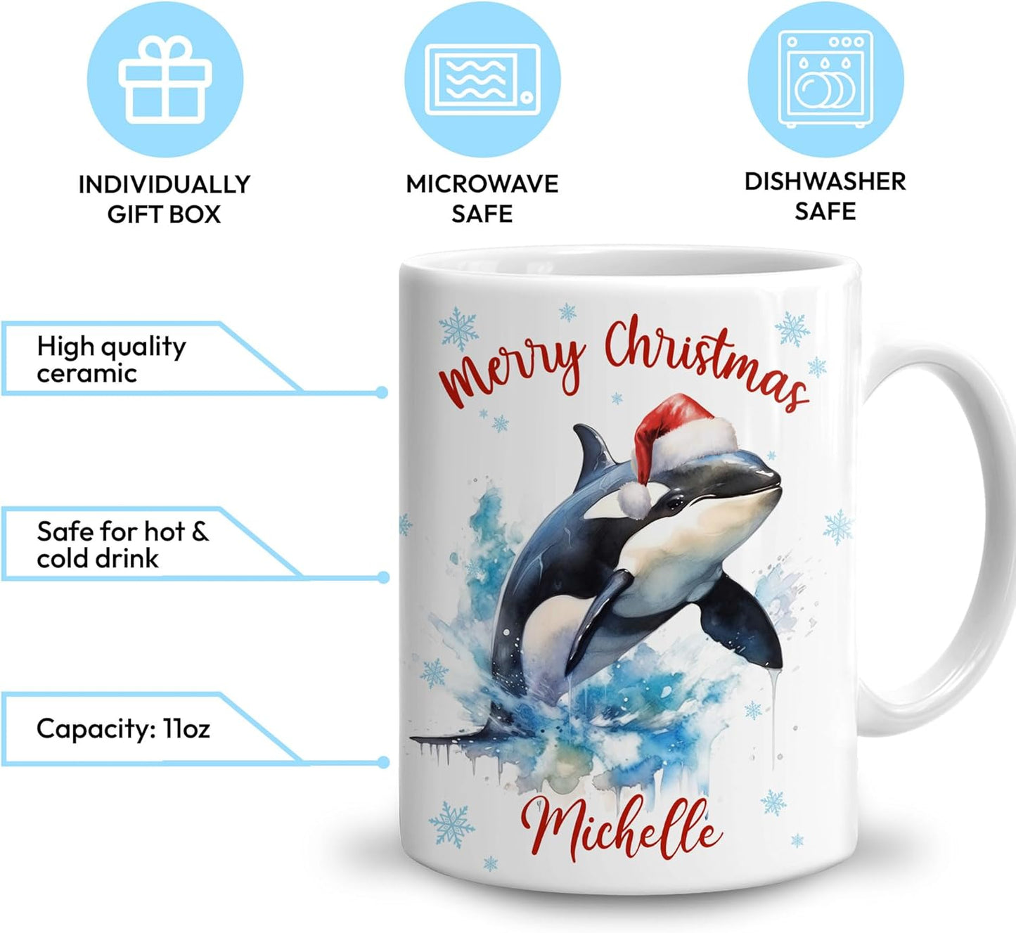 Hyturtle Personalized Gifts Orca Lover - Merry Christmas Customized Name Ceramic Coffee Mug Cup 11oz - Cute Sea Animal Lovers Gifts For Women, Girl kids Family On Birthday, Christmas