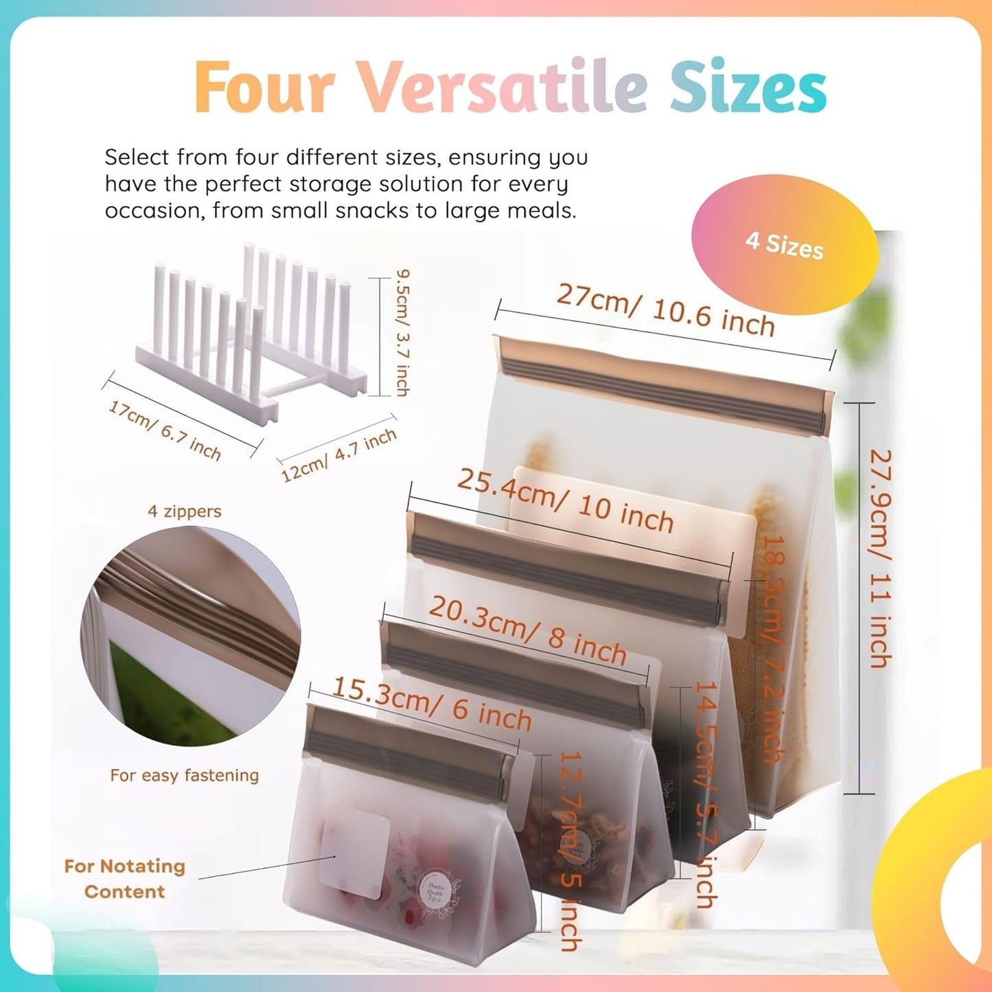 Reusable Food Storage Bags – 6-Pack Stand-Up, BPA-Free, Freezer, Dishwasher Safe & Eco-Friendly – 6 Gallon Bags – Airtight Leakproof, Organization and Storage Baggies (Grey)