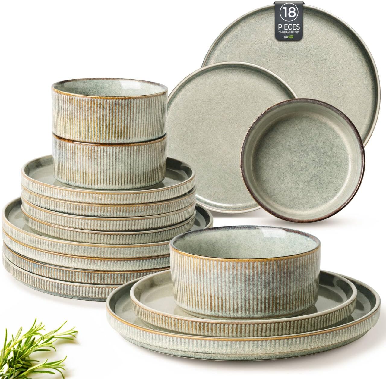 GBHOME Stoneware Dinnerware Sets for 6,Round Reactive Glaze Ceramic Plates and Bowls Set,Highly Scratch Resistant | Dishwasher & Microwave Safe Dishes Set,Service for 6(18Pcs)