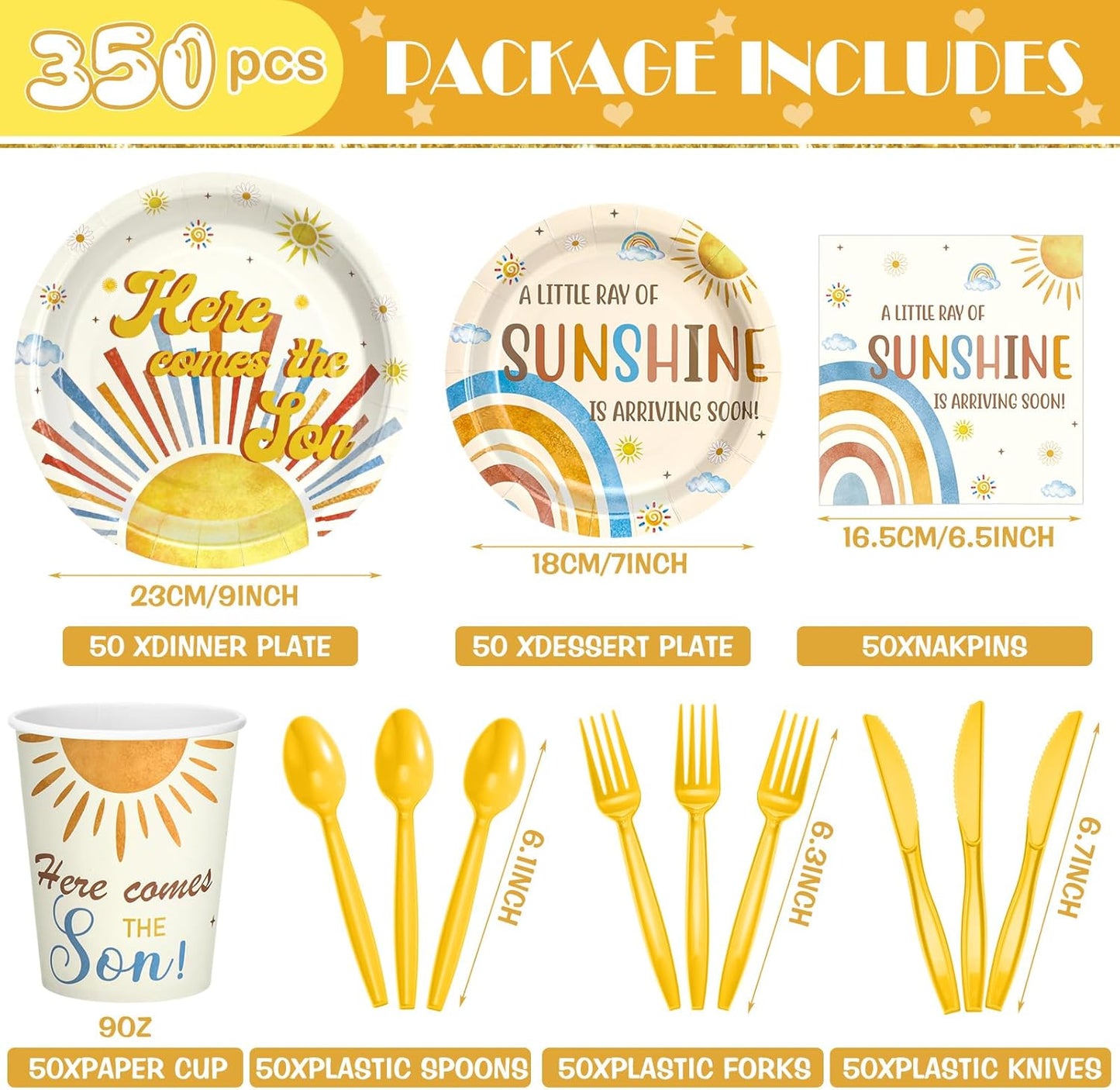 Dandat 350 Pcs Baby Shower Plates Set Baby Shower Party Supplies Serves 50 Tableware Sets Include Plates Napkin Cup Forks Knives Spoons Disposable Dinnerware(Son,Yellow)