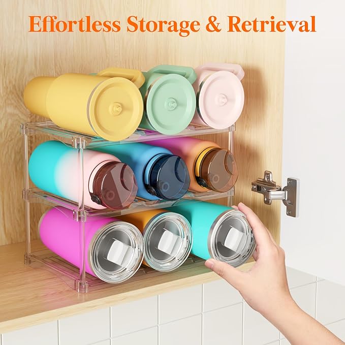 Lifewit Stackable Water Bottle Storage Organizer, Clear Freestanding Wine Bottle Holder for Cabinet, Tumbler Cup Organizer, Plastic Large Compartment Wine Rack for Fridge Cellar, 3Tier Hold 9