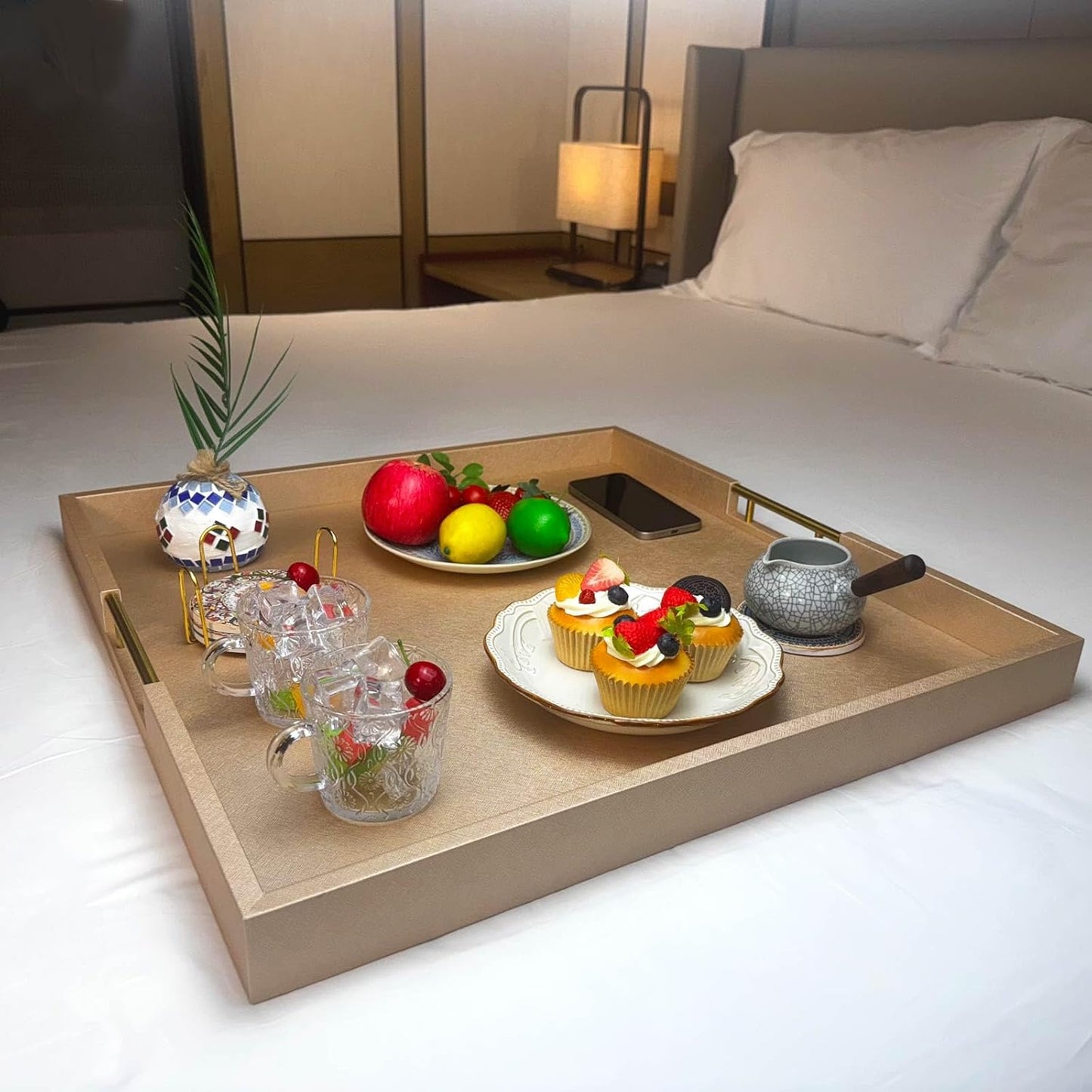 24x24 Inches Extra Large Champagne Faux Leather Wrapped Wood Ottoman Tray with Golden Handles for Serving Food Breakfast On Bed, Square Coffee Table Organizer, Home Decor and Decorative