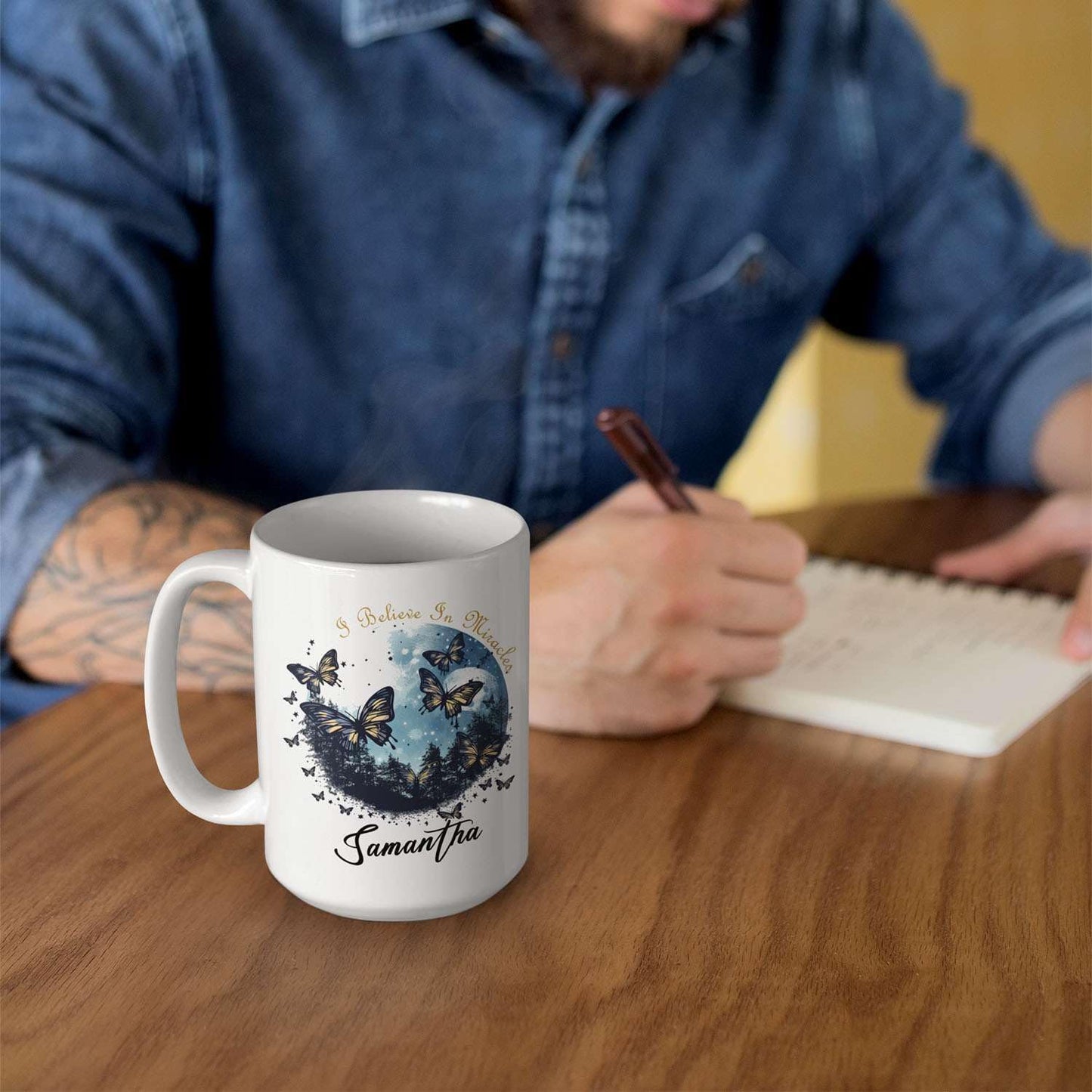 Customized Awesome I Believe In Miracles Tea Cups, Personalized Name On Colorful Butterfly Coffee Mug For Birthday, Custom Unique Ceramic Cup Gift For Animal Lovers 11oz 15oz