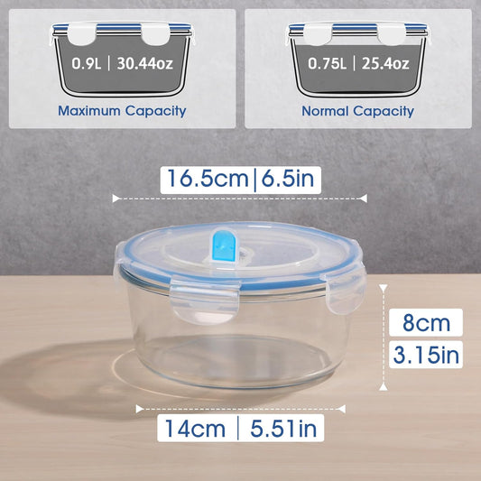 NUTRIUPS 0.9L Glass Food Storage Containers, Round Meal Prep Containers, Glass Bowls With Lid
