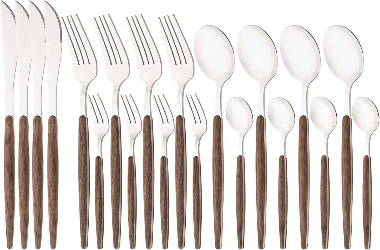 20 Piece (4 Set) Wood Handle Silverware Set, Retro 18/0 Stainless Steel Cutlery Set, Kitchen Utensils Include Knife Fork Spoon, Mirror Polish, Silver