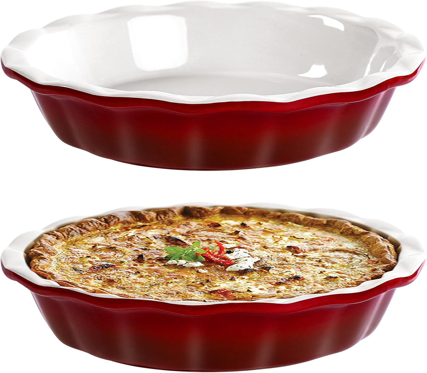 Lareina Deep Dish Pie Pan for Baking, 9 Inch Ceramic Fluted Pie Dish for Apple, Quiche, Pecan, Pot Pies, 53 Ounce Round Pie Plate, Set of 2, Red