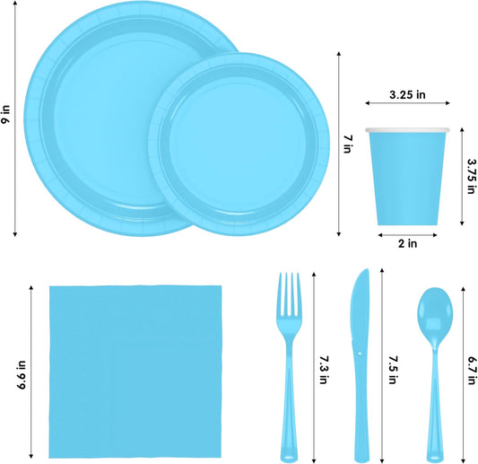 Exquisite 350 Pcs Light Blue Paper Plates For Party, Light Blue Disposable Plates Set, 50 Of Each 9" Dinner Plate Set, 7" Dessert Plate, Cups, Napkins & Cutlery Paper Dinnerware