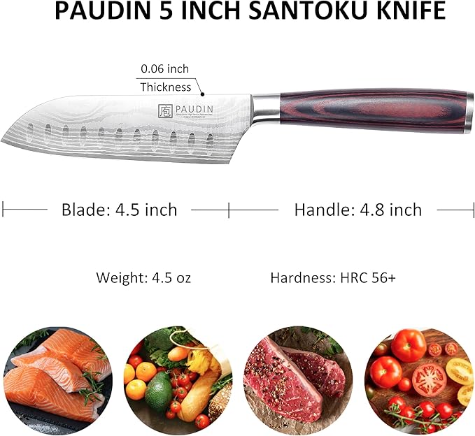 PAUDIN Santoku Knife, Chef Knife 5 inch Ultra Sharp Kitchen Knife, Japanese Chef Knife with Sheath, High Carbon Stainless Steel, Ergonomic Pakkawood Handle