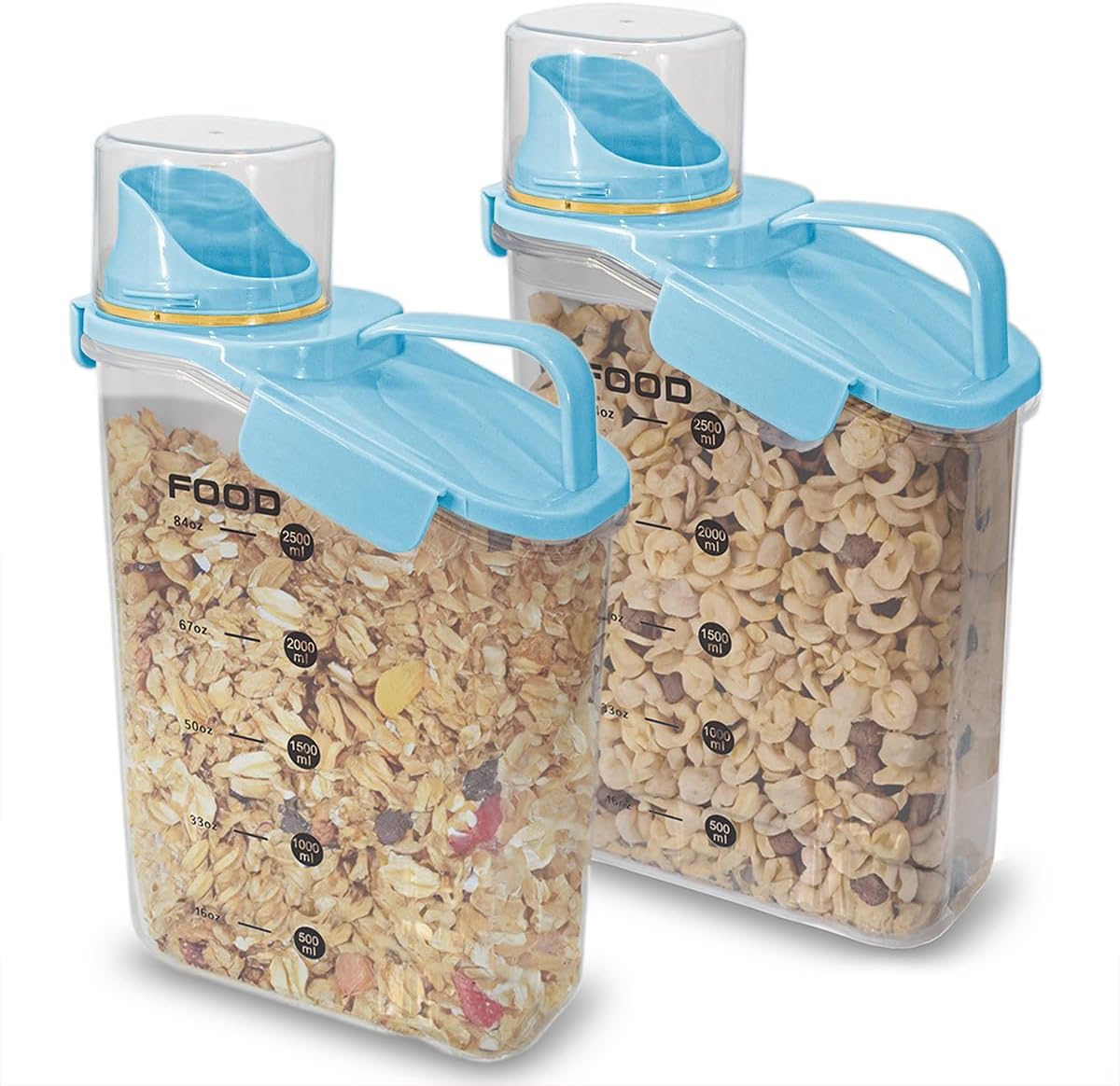 Two Pack Food & Cereal Storage Container - 2.6L Airtight Plastic Kitchen Organizer Bin with Pouring Spout, Measuring Cup Lid, Ideal for Dry Food, Rice, Sugar, Pet Food dispenser - BPA free (Blue)