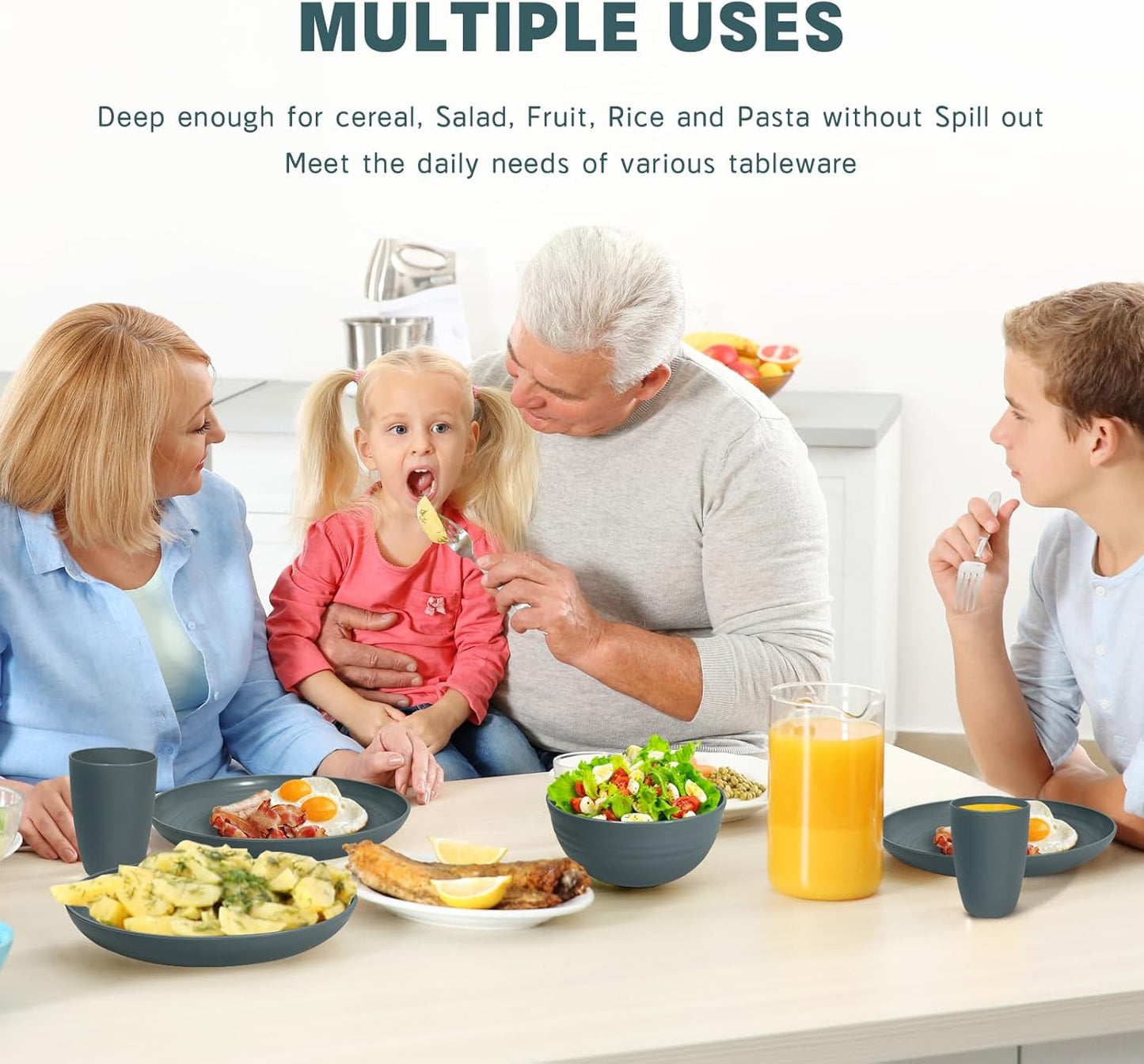 Kitchen Wheat Straw Dinnerware Sets (33pcs) Attached cleaning brush,Service For 8,Plastic Plates and Bowls Sets,Unbreakable Dinnerware,Lightweight Plastic Plate Set (gray)