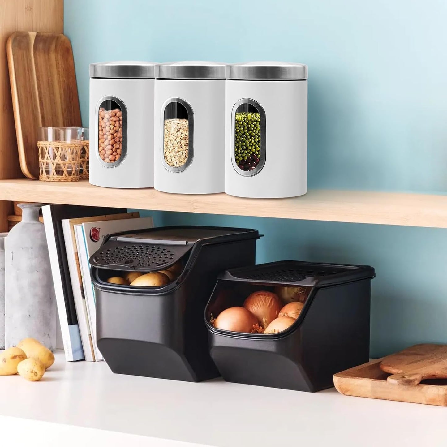 Canisters Sets for the Kitchen, 3pcs Sugar Flour Tea Coffee Storage Jars Stainless Steel Food Container Organizer for Kitchen Counter with Transparent Window (white)