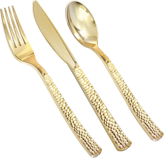 Supernal 180 pieces Gold Plastic Silverware, Disposable Plastic Utensils Heavy Duty, Gold Disposable Silverware Sets Include 60 Knives, 60 Forks and 60 Spoons, Suitable for Party, Birthday, Wedding