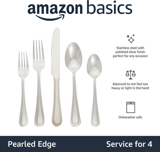 Amazon Basics Silverware Set, Stainless Steel Flatware, Dishwasher Safe, Service for 4, 20-Piece Forks and Spoons, Pearled Edge