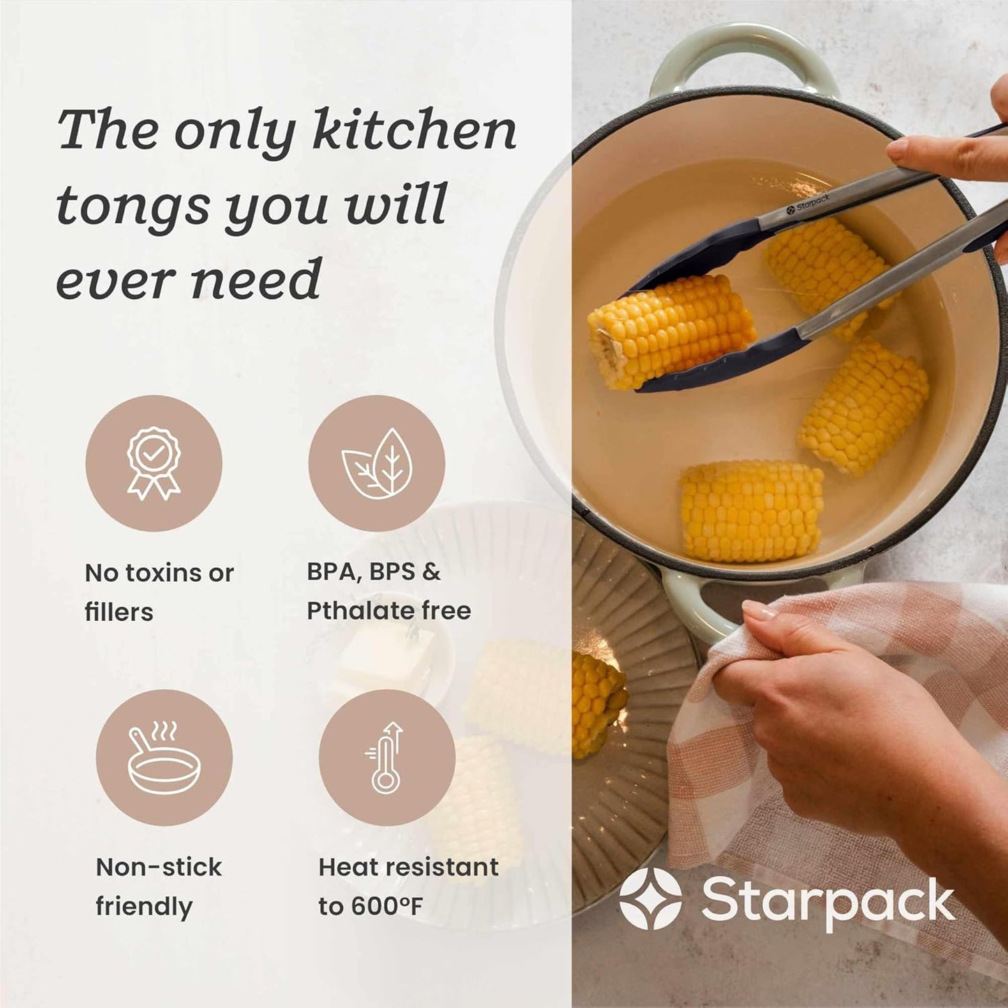 StarPack Premium Silicone Kitchen Tongs 12-Inch - Stainless Steel with Non-Stick Silicone Tips, High Heat Resistant to 600°F, For Cooking, Serving, Grill, BBQ & Salad (Gray Black)